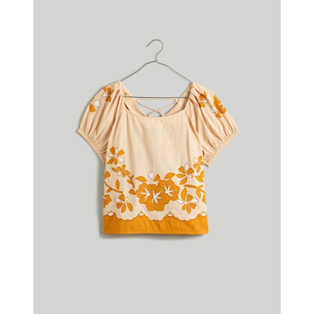 Madewell Plus 1X Embroidered Lace-Up Back Top in Marzipan